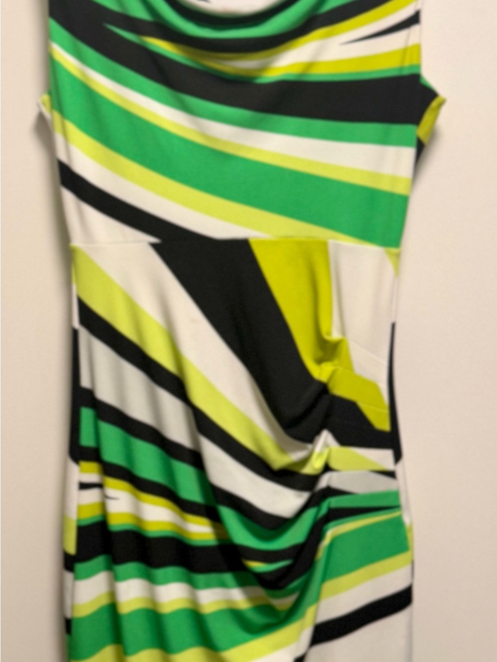 Tribal Sheath Dress Size Small Green Black White Striped Cowl Neck Stretch Knit